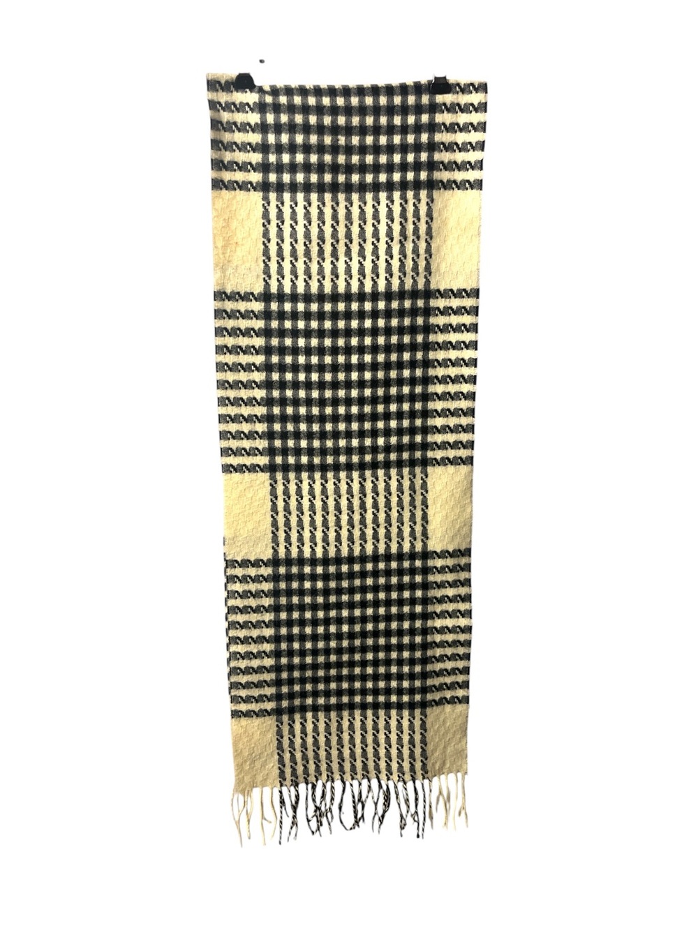 100% Cashmere Black & Cream Plaid Fringe Scarf
